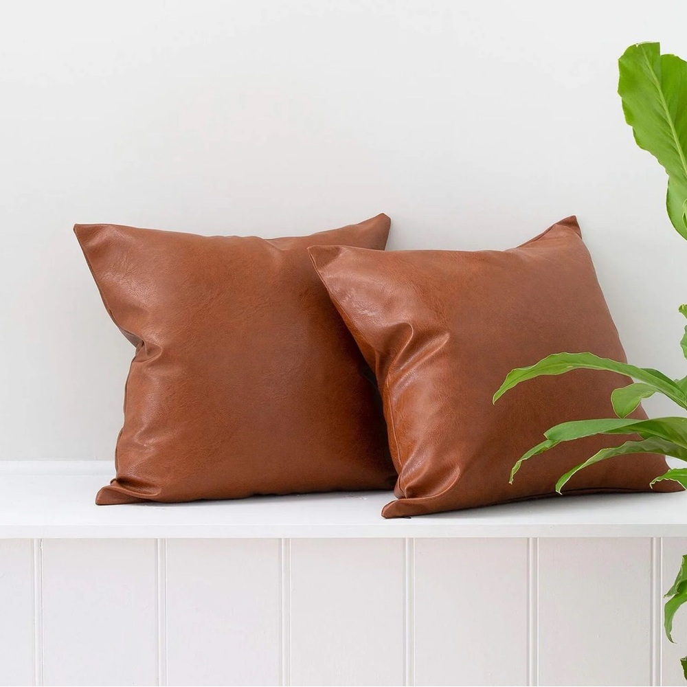 Brown 100% faux leather cruelty free Inspired Ivory pillow cover